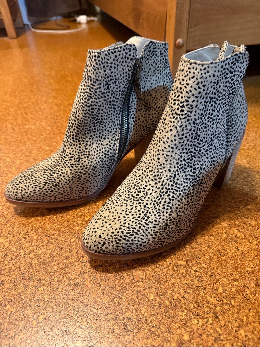 Spotted animal print boots, size 9